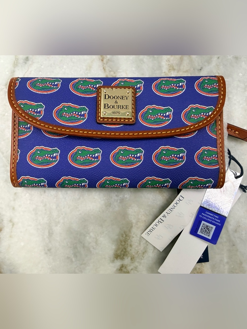 NWT Dooney & Bourke Royal Blue Gators Logo Wallet with Tan Trim